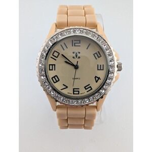 Charming Charlie Watch Women 38mm Case Rhinestones Tan Silicone Band New Battery
